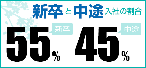 新卒と中途入社の割合 新卒:55％、中途:45％